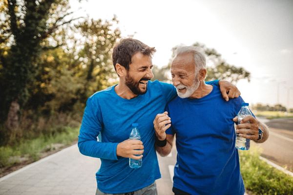 father and son on a walk