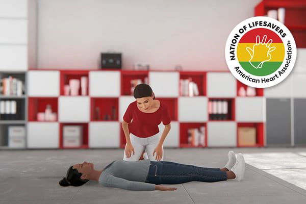 A digital illustration of a woman lying flat on the ground and another woman is looking over her. A Nation of Lifesavers logo is in the upper right corner.