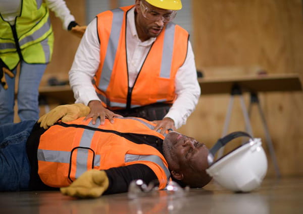 A construction worker in an orange vest leans over another worker lying unconscious on the ground, checking to see if he's ok